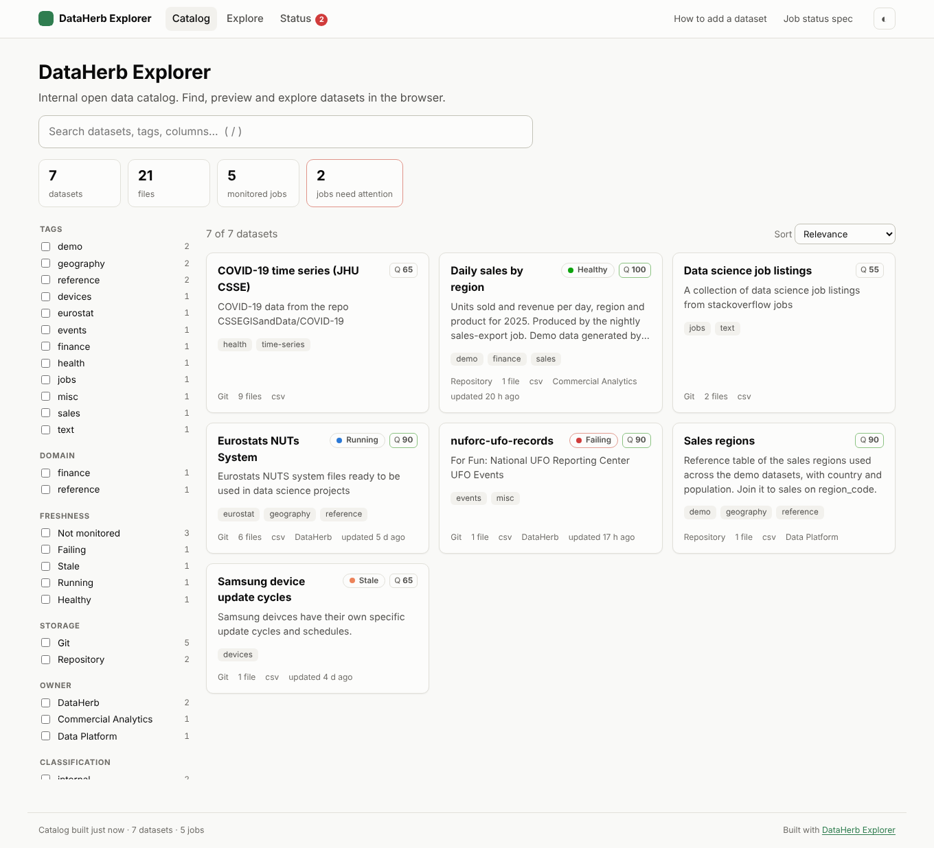 The DataHerb Explorer catalog: search, facets and dataset cards