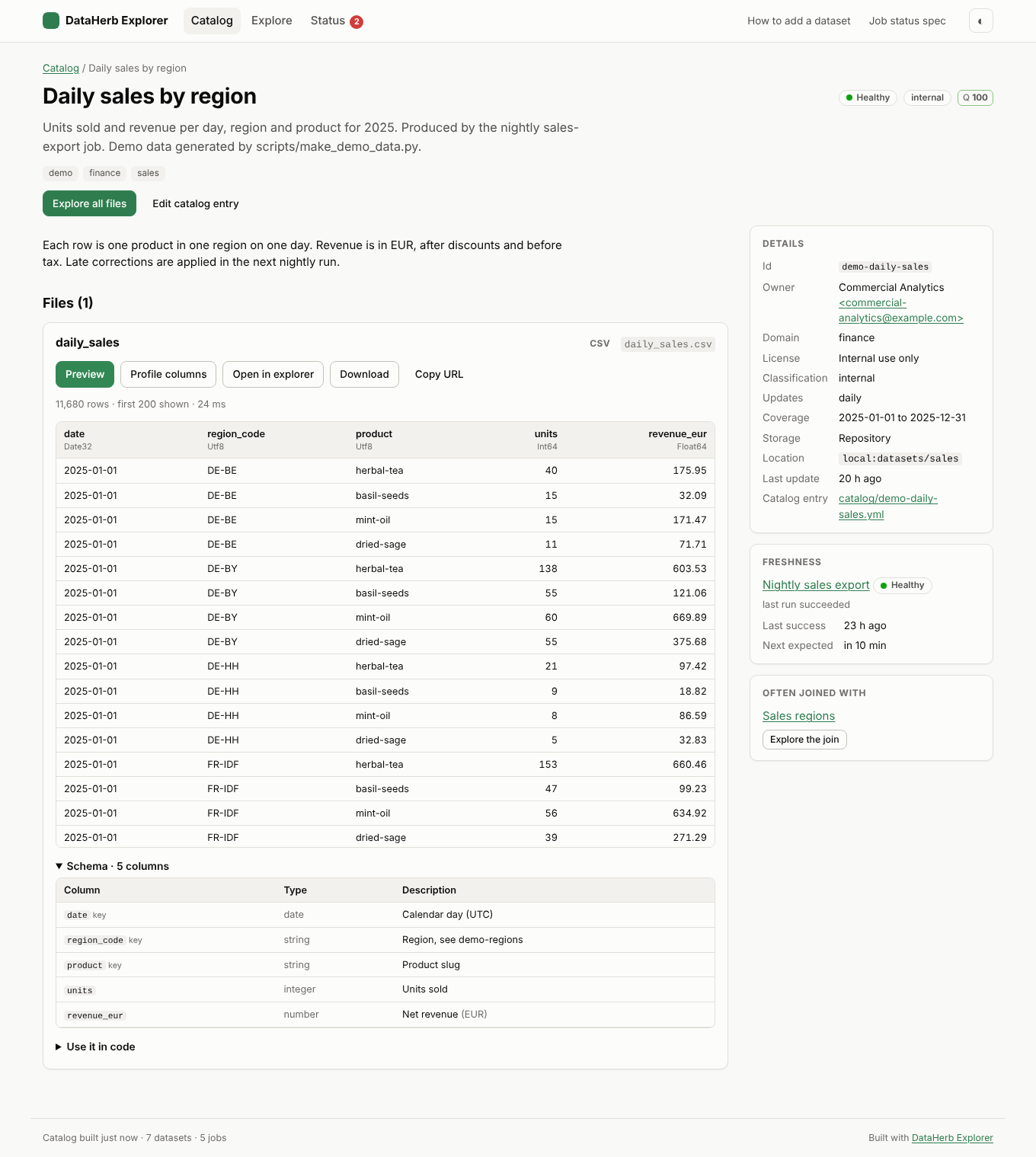 DataHerb Explorer dataset screen